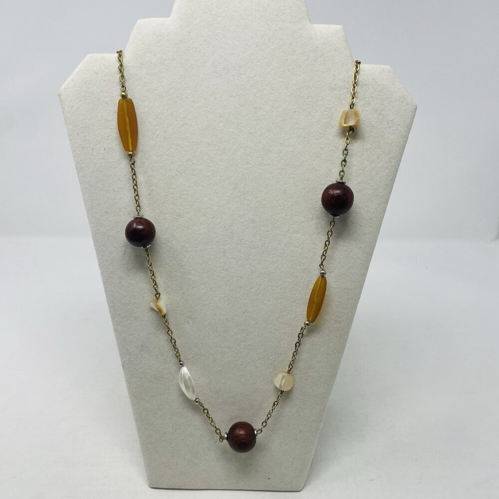 Cookie Lee Womens Gold Tone Chain Statement Necklace with Wood Beads in Brown